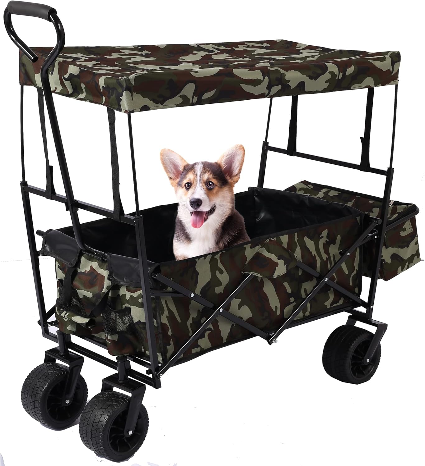 Outdoor Garden Park Wagon with Canopy and Pockets, Foldable Portable Utility Beach Trolley Cart with 7" Wheels for Camping Garden Sports (262LBS Max Weight Capacity) Dark Green Black As Shown
