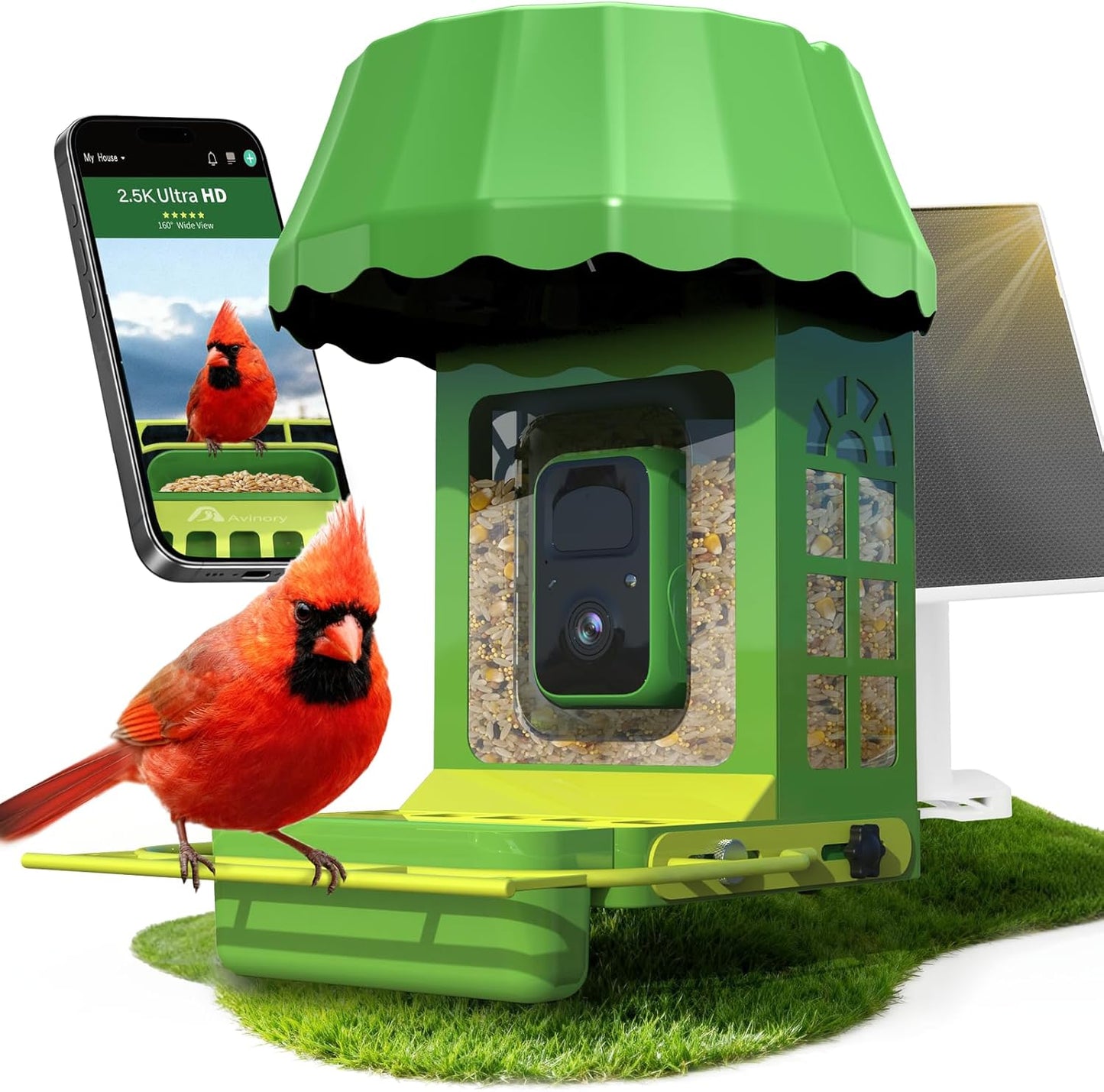 Avinory Smart Bird Feeder with Camera 2.5K HD, Solar Powered AI Bird Identifier 10000+ Species, 32GB Card, Wireless,with Night Vision,Metal Squirrel Proof for Outdoor Birds Watching Gift