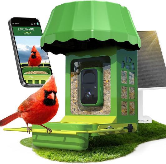 Avinory Smart Bird Feeder with Camera 2.5K HD, Solar Powered AI Bird Identifier 10000+ Species, 32GB Card, Wireless,with Night Vision,Metal Squirrel Proof for Outdoor Birds Watching Gift