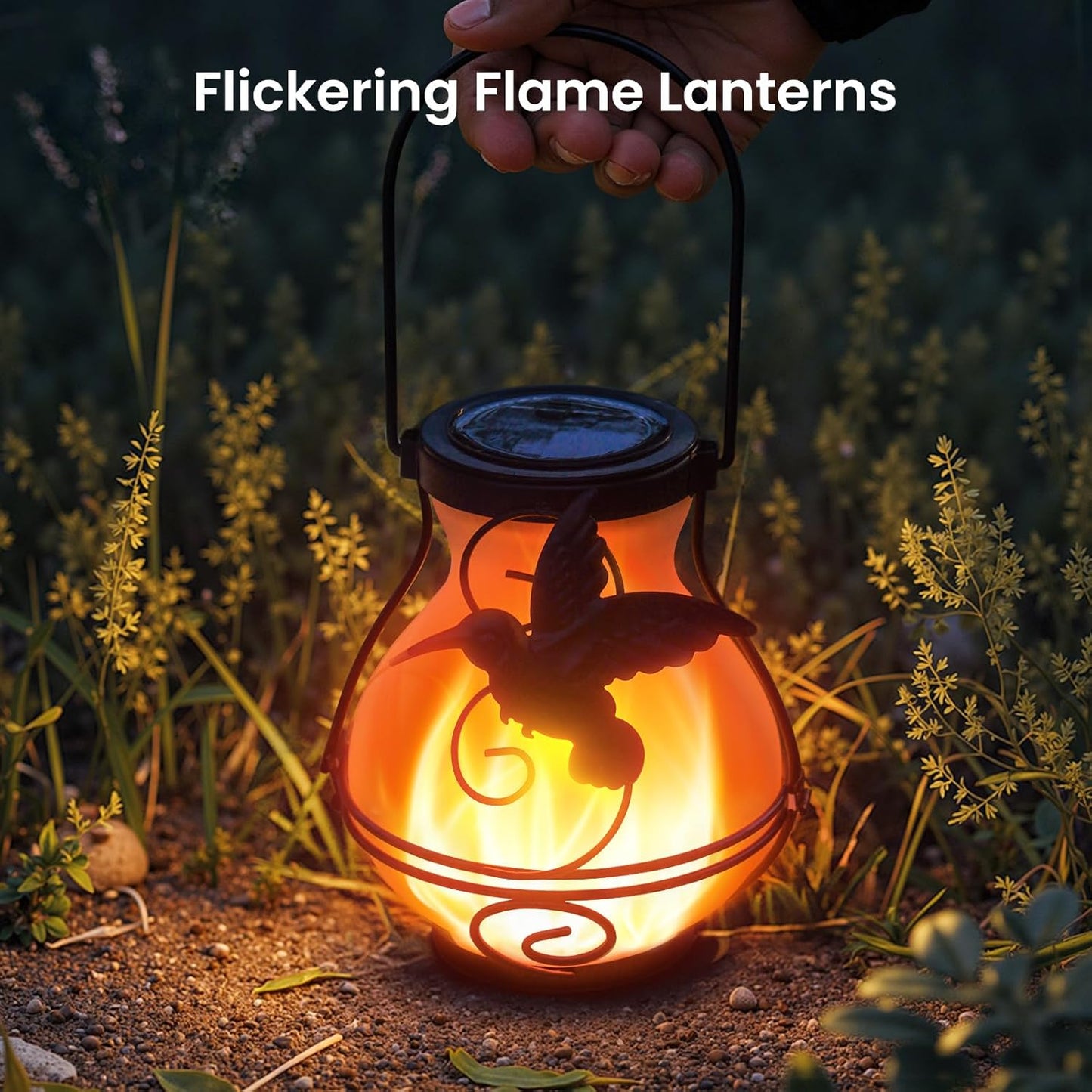 2 Pack Solar Lanterns Outdoor Waterproof Flickering Flame Lights Hummi