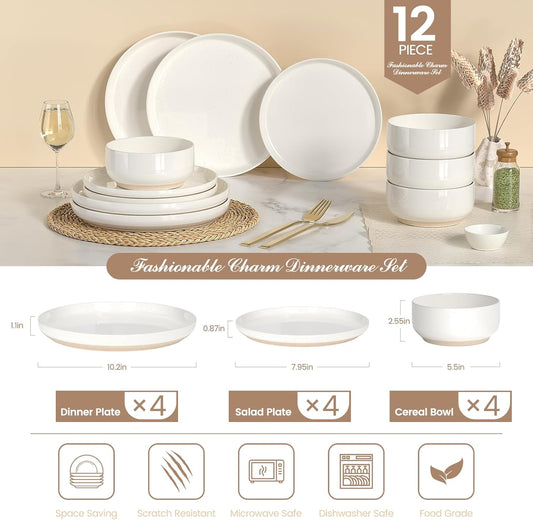 Plates and Bowls Sets, Dinnerware Sets for 4, 12 Pieces Scratch Resist
