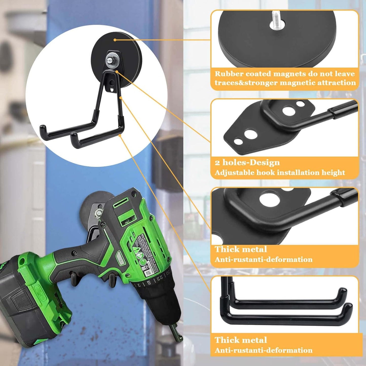 MIN CI 2 Pack Magnetic Hooks, Large Manget with Hooks, 2.59" (66 mm) Magnetic Hooks Heavy Duty for Hose, Jig Saw, Circular Saw,Workshop Organization, Tool Hooks for Hammer Drill, Garden Tool, Black