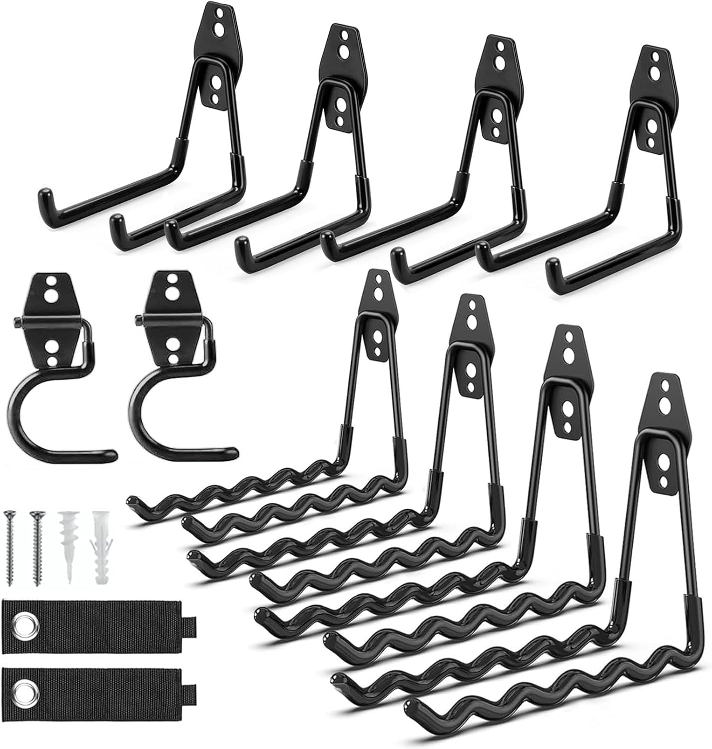 12 Pack Garage Hooks, 2 Extension Cord Storage Straps, Steel Utility Wall Mount Storage Organizer with Anti-Slip Coating for Hanging Ladders, Bikes, Garden Tools, Hose