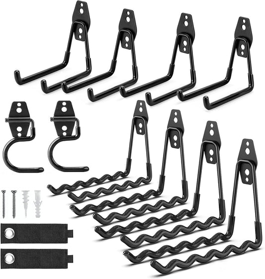 12 Pack Garage Hooks, 2 Extension Cord Storage Straps, Steel Utility Wall Mount Storage Organizer with Anti-Slip Coating for Hanging Ladders, Bikes, Garden Tools, Hose