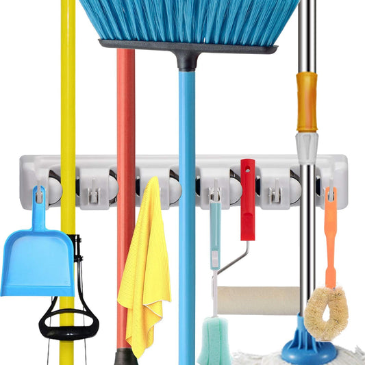 Champs Mop Broom Holder Wall Mounted Commercial Organizer Storage Rack for Garden Tools, Kitchen, Garage and Laundry [5 Slots with 6 Hooks]