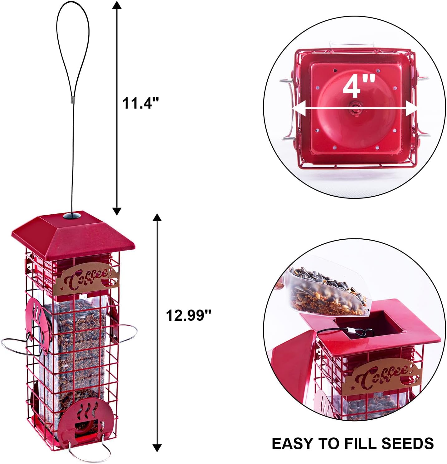 Squirrel Proof Bird Feeders for Outdoors Tube Metal Mesh Hanging Bird Seed Feeder for Outside Pole Weight -Activated & 4 Adajustable Perschs 2.2 lbs Capacity (Red)