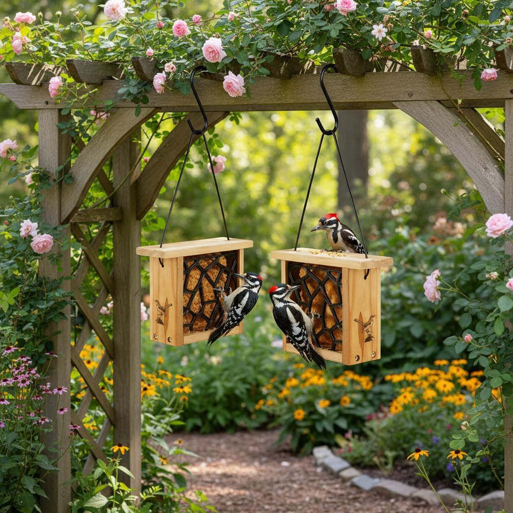 2pk Suet Bird Feeders with 2 Suet Cakes for Outside Clearance - Suet Cake Feeder for Outdoor - Hanging Birdfeeder for Suets - Hanging Cable Wire Weather Ability Cedar Wood Longterm Lasting