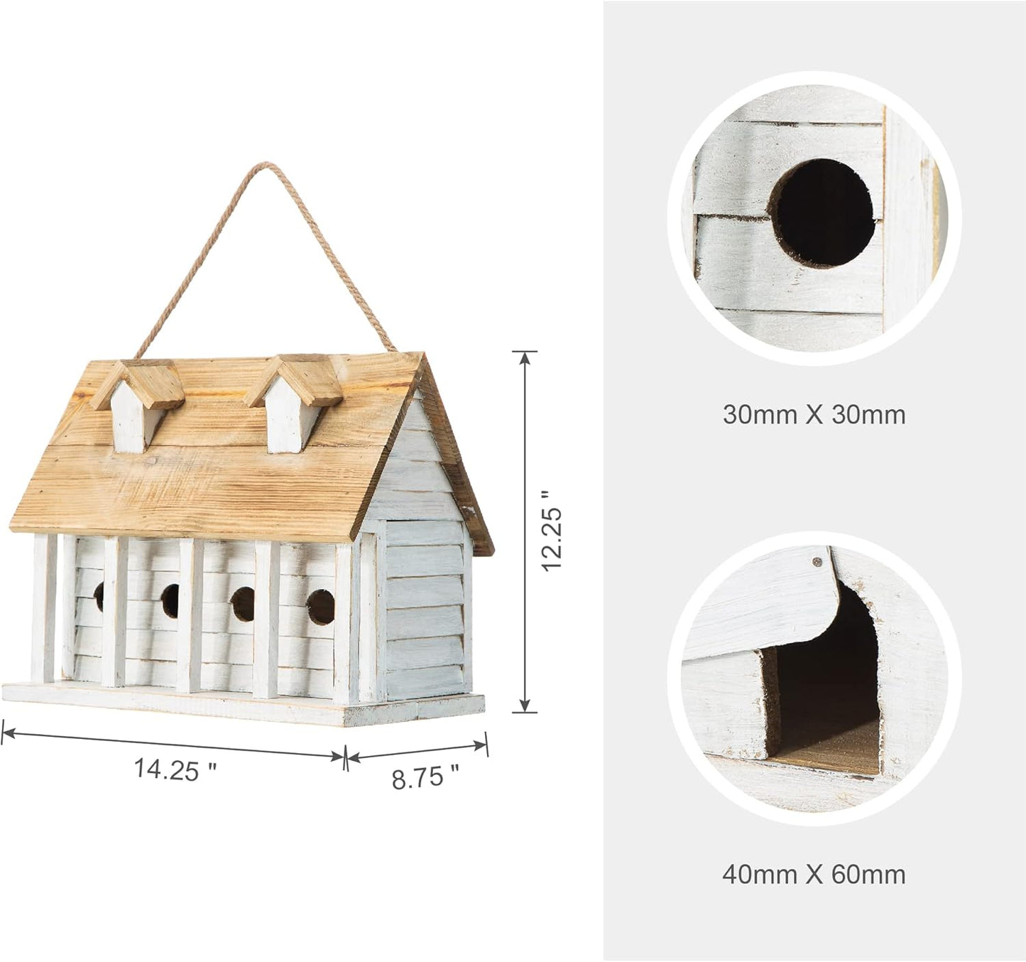 Glitzhome 14.25”L Wood Hanging Birdhouse for Outdoors Oversized Distressed Cottage Painted Bird House Rustic Bird House for Bluebird Wren Chickadee Sparrow Bird Nest Box for Garden Patio, Washed White