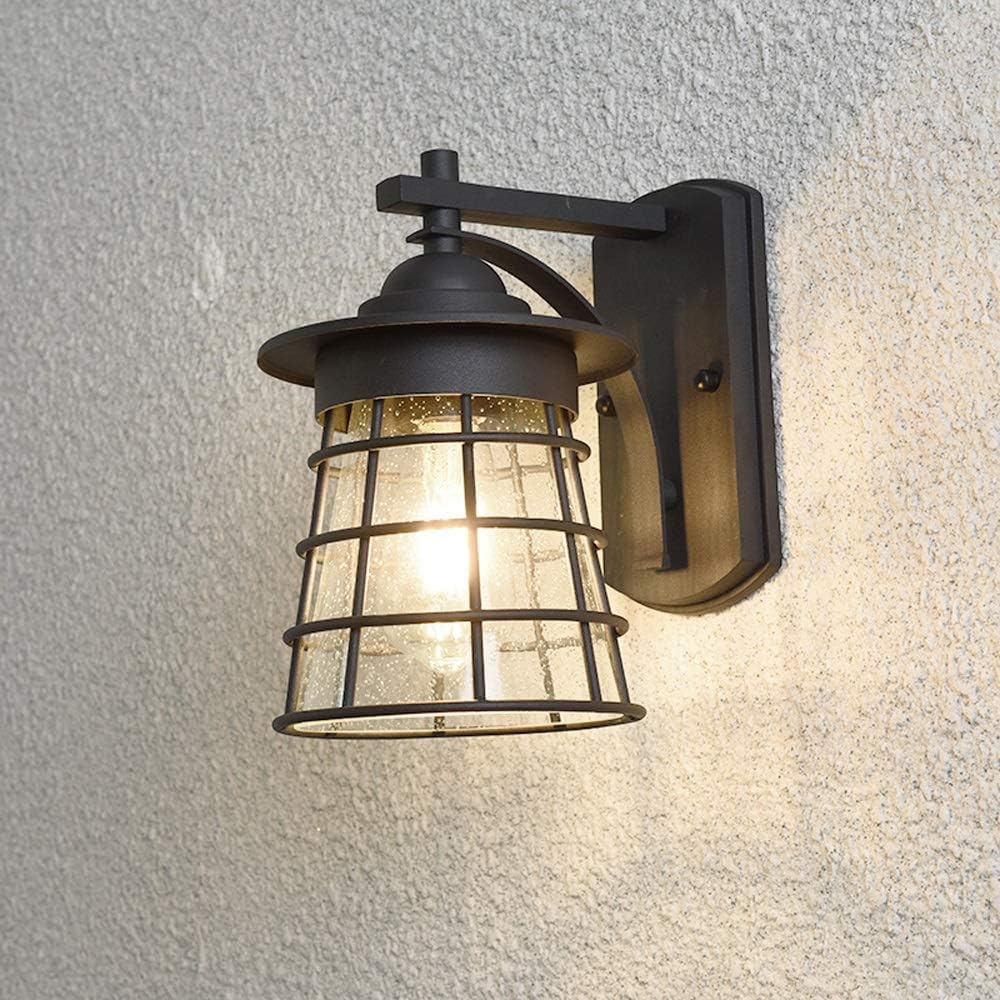 Garden Black Industrial Wall Lamp Waterproof Barn Outdoor Lighting Sconce E27 Cage with Seed Glass Shade Mounted Lantern Light Hard-Wired for Courtyard Landscape