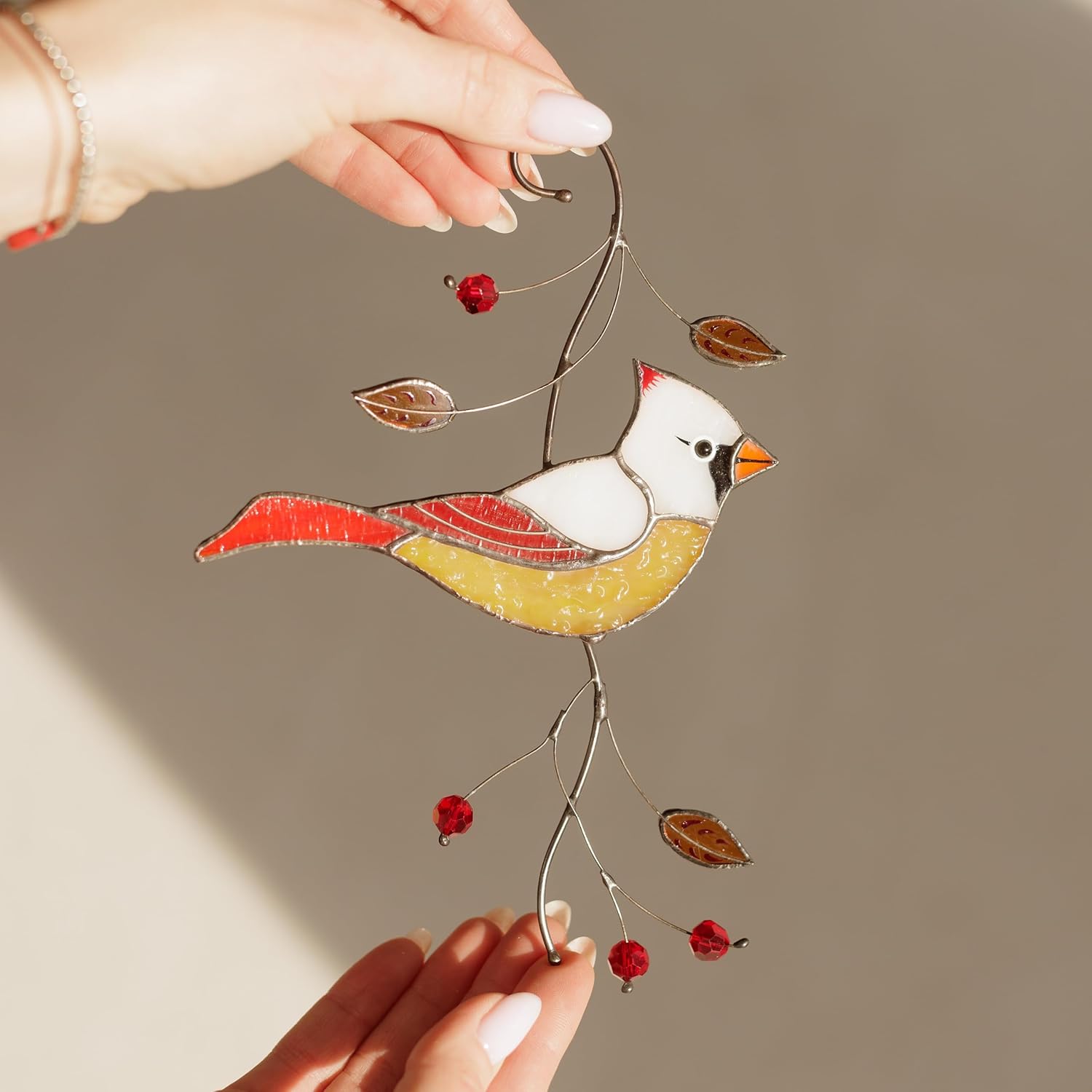 Stained Glass Female Cardinal Suncatcher Window Hanging - Bird Lover G