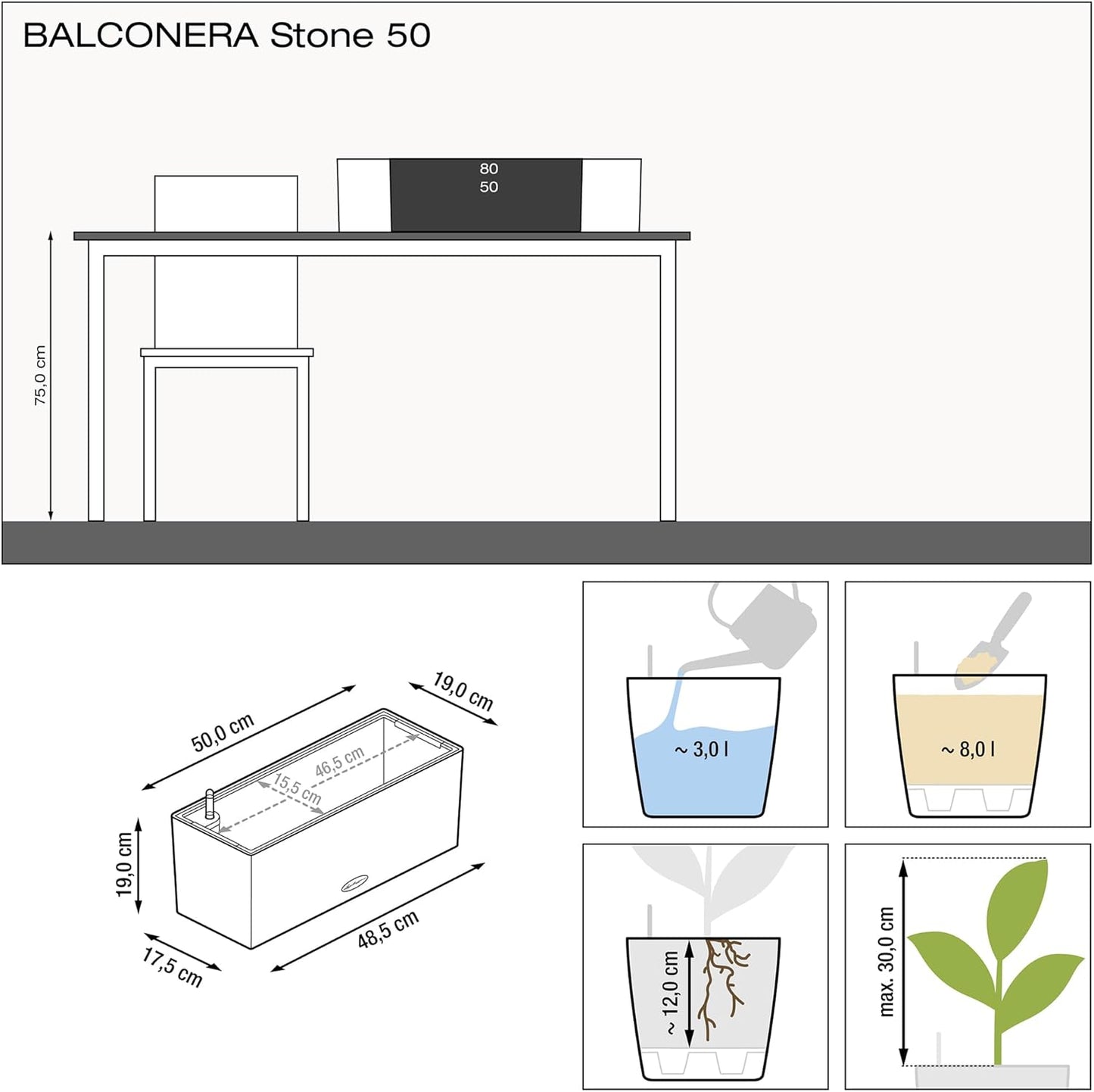 Lechuza BALCONERA Stone 50 Graphite Black, Self-Watering Window Box (Railing Planter), H7.5 L19.7 W7.5 in