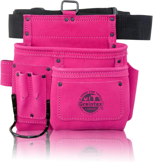 Graintex 5 Pocket Suede Leather Tool Belt/Bag | Pink | Multipurpose Leather Tool Belt for Women and Men | Construction, Electrician, Handymen, Carpenter, Gardening Pouch and DIY Projects