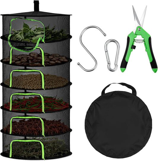 Coloch 6 Layer Herb Drying Rack with Zipper, Foldable Food Drying Net Collapsible Hanging Seed Drying Mesh with Garden Shear, Hook, Bag, for Plant, Seed, Bud, Fruit, Food, 23.6”x47”