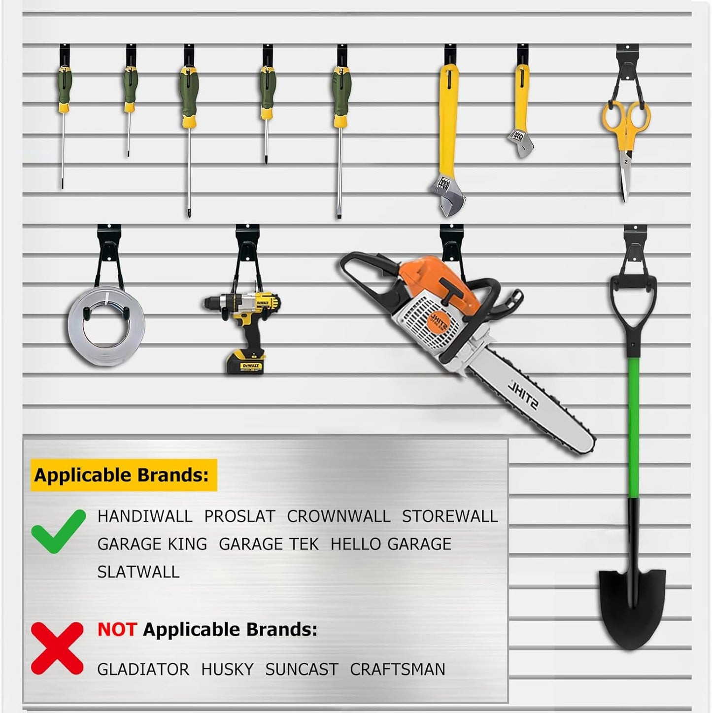 Slatwall Accessories, 22 Pack Heavy Duty Steel Slatwall Hooks, Multi-Size Slat Wall Hanging Hooks for Ladders, Bikes, Garage and Garden Tools (ProSlat & Slatwall Panel Compatible)