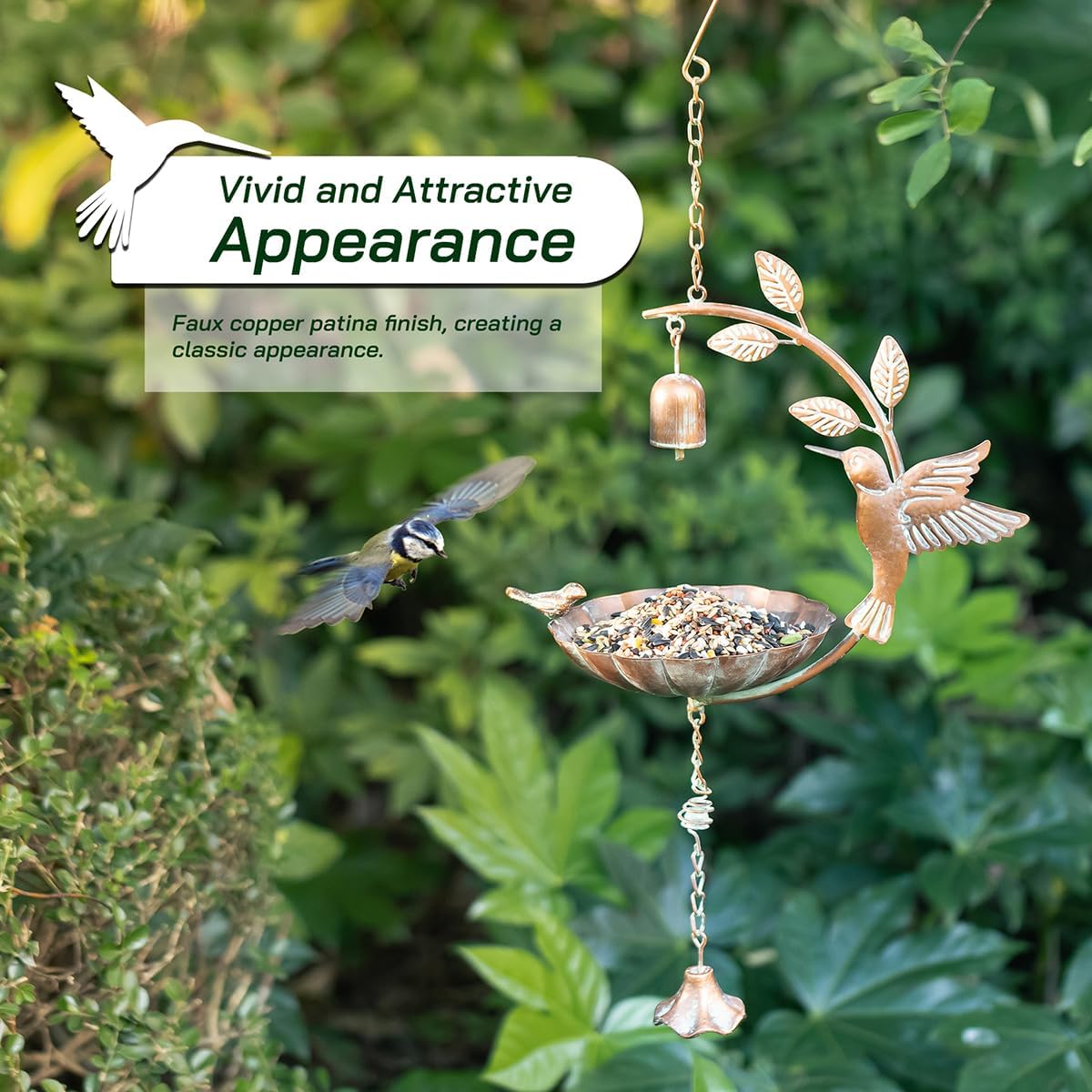 Glitzhome 25" H Metal Wild Bird Feeder, Faux Copper Patina Finish Hummingbird Hanging Birdfeeder - Attract Wild Birds for Garden Deck Yard Backyard Porch Decor