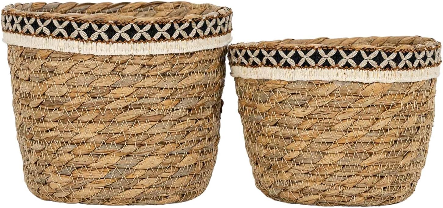 Foreside Home and Garden Set of 2 Embroidered Rim Baskets Natural Seag