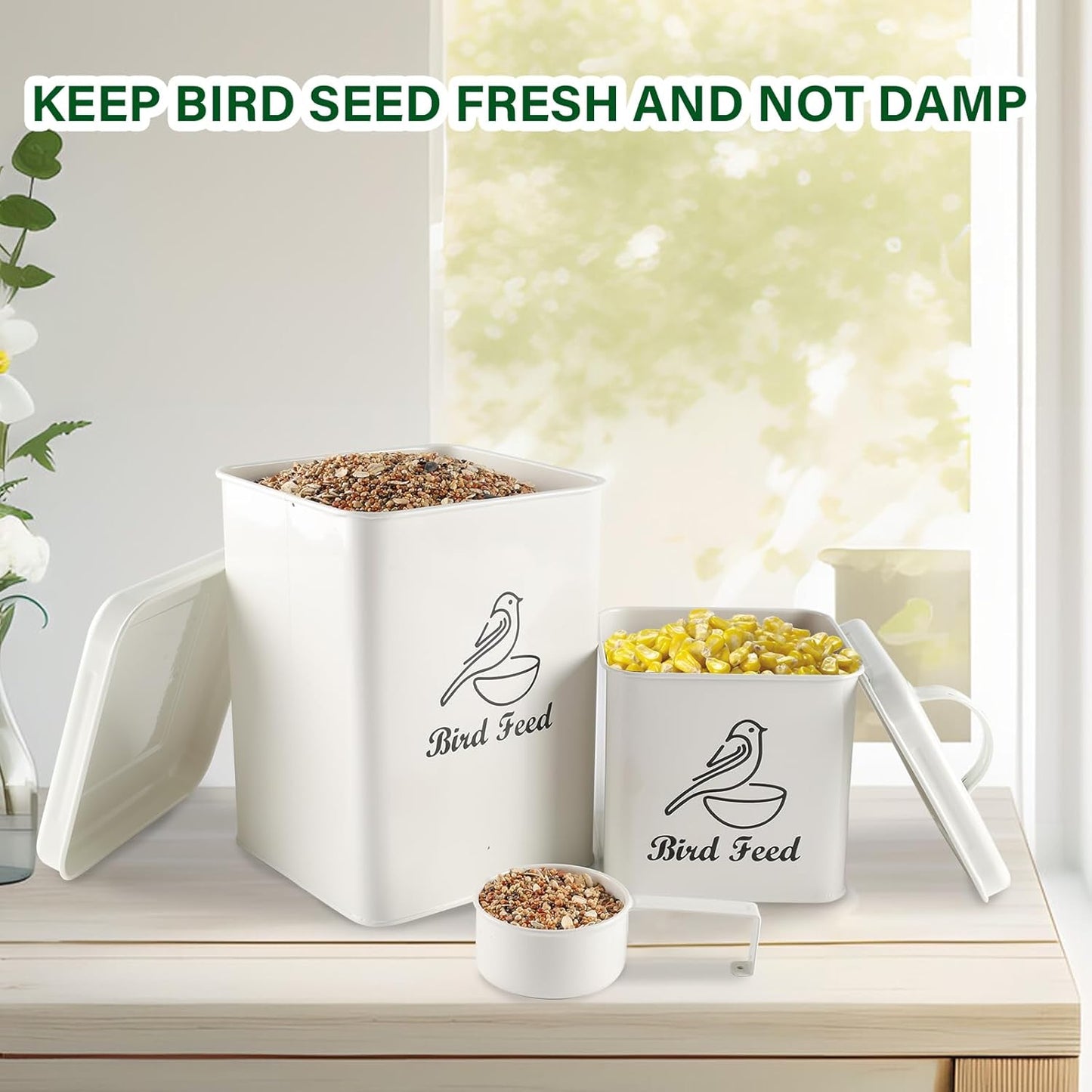 Set of 2 Metal Bird Seed Storage Container,Combined 8lbs Bird Seed Container with Scoop,Wild Bird Food Bins for Storing Sunflower Seed-Sturdy and Squirrel proof-6''x9''+5''x5''-White