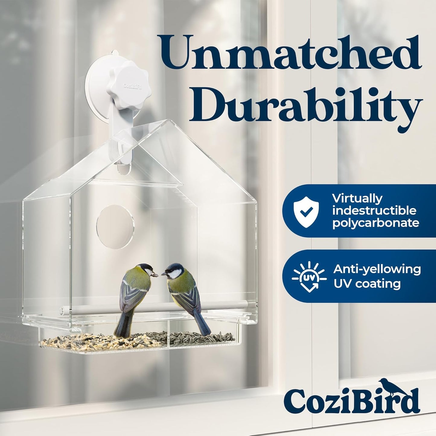 Window Bird Feeder with Ultra Strong Suction Cup - Large Clear Acrylic Weatherproof Birdhouse (Heavy Duty Suction Grip)