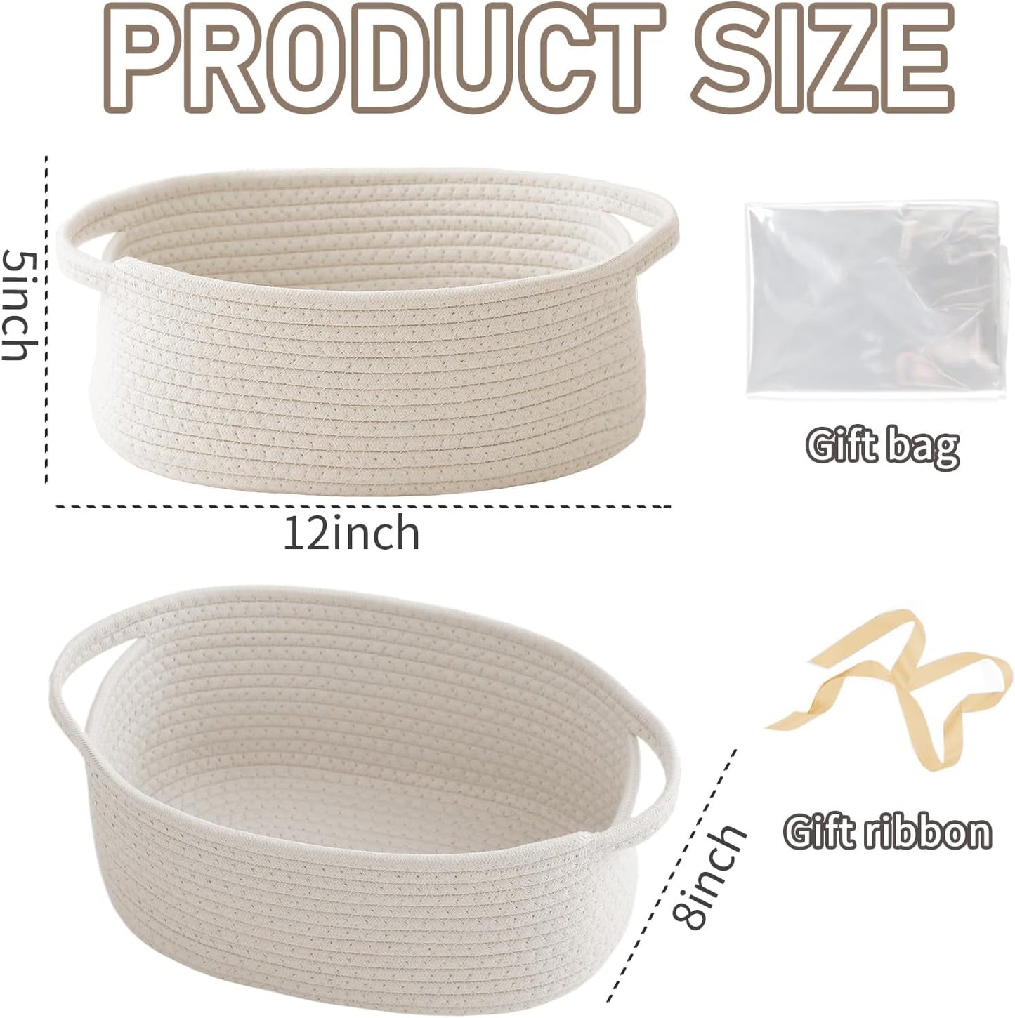 Woven Basket,Small Rope Storage Bin with Handles & Ribbon Bag, Organizer for Shelves Closets,Gift Basket Empty for Birthday,Books,Dog Toys,White
