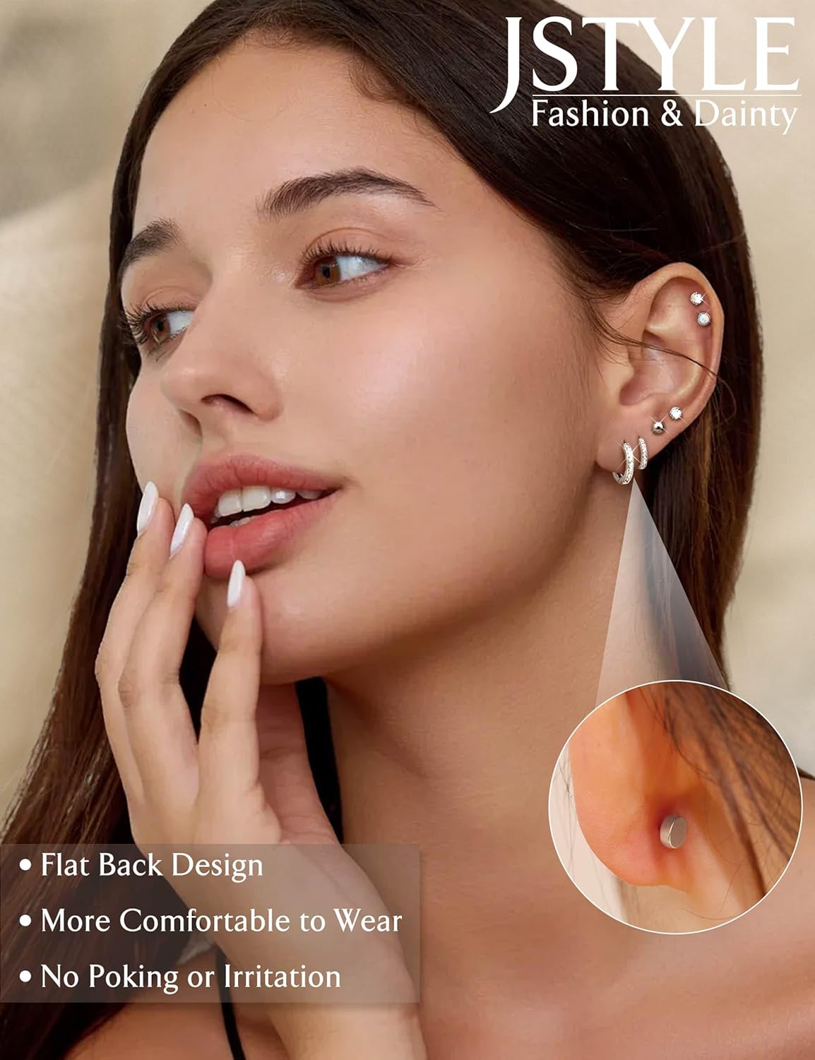 Jstyle Hypoallergenic Stud Hoop Earrings for Women Small Flat Back Sur