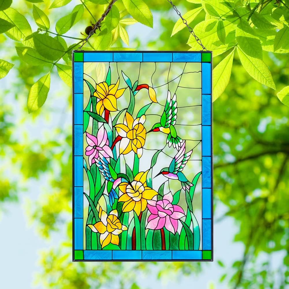 Viveta Hummingbird Stained Glass Window Hanging, Birds and Flowers Suncatcher for Window, Hummingbird Stained Glass Panel Hanging Ornament(Rectangular 10 * 15")