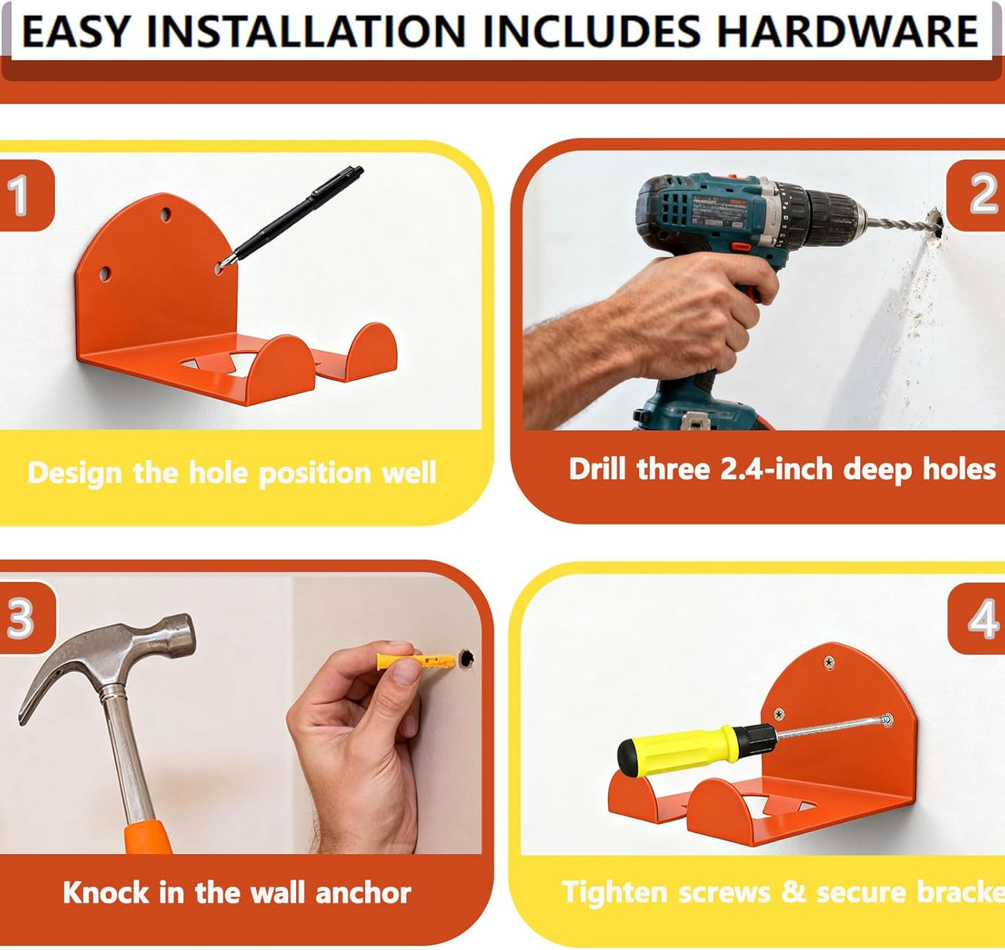 Garage Organizer Wall Hanger - Heavy Duty Garage Storage Trimmer Rack, Garden Power Tool Holder for Weed Whackers, Grass Trimmer, Hedge Trimmer, Grass Trimmer, Garage Tools, 3 Pack(Orange)