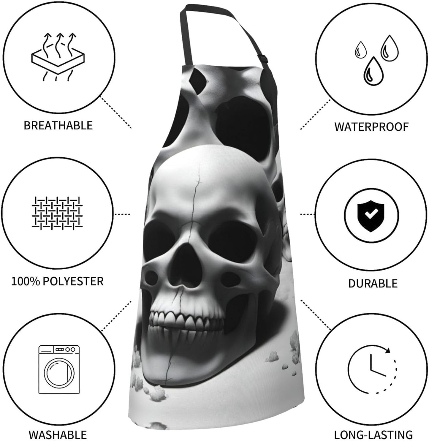Black and white skulls print Waterproof chef's apron with pocket apron for kitchen cooking baking barbecue and gardening