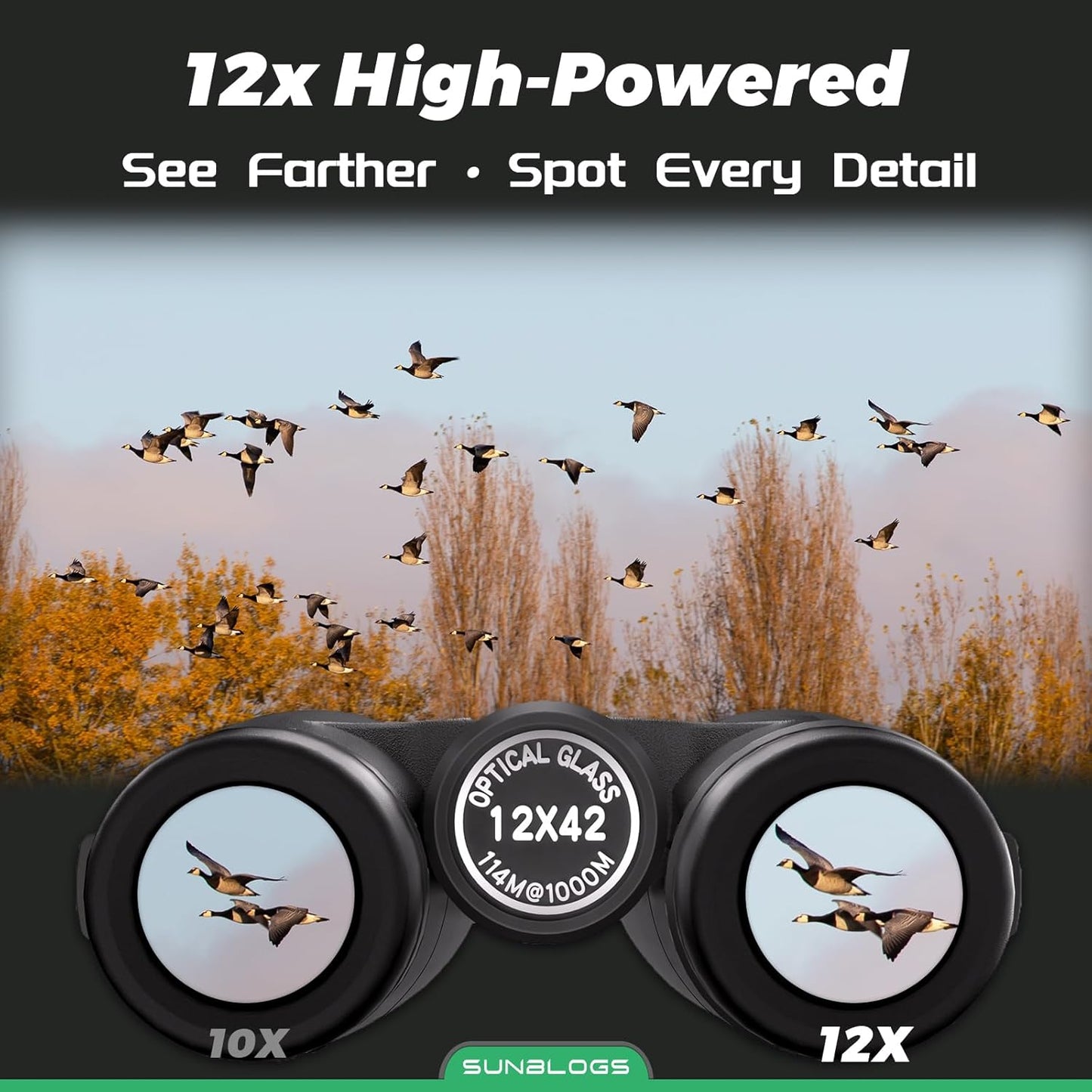 12x42 HD Binoculars for Adults High Powered - Waterproof BAK4 Prism Binoculars for Bird Watching, Hunting, Travel, Hiking & Opera - Super Bright Lightweight Binocular (Black)