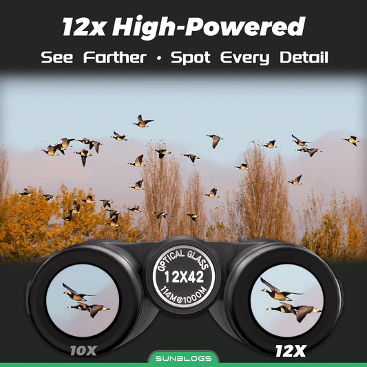 12x42 HD Binoculars for Adults High Powered - Waterproof BAK4 Prism Binoculars for Bird Watching, Hunting, Travel, Hiking & Opera - Super Bright Lightweight Binocular (Black)