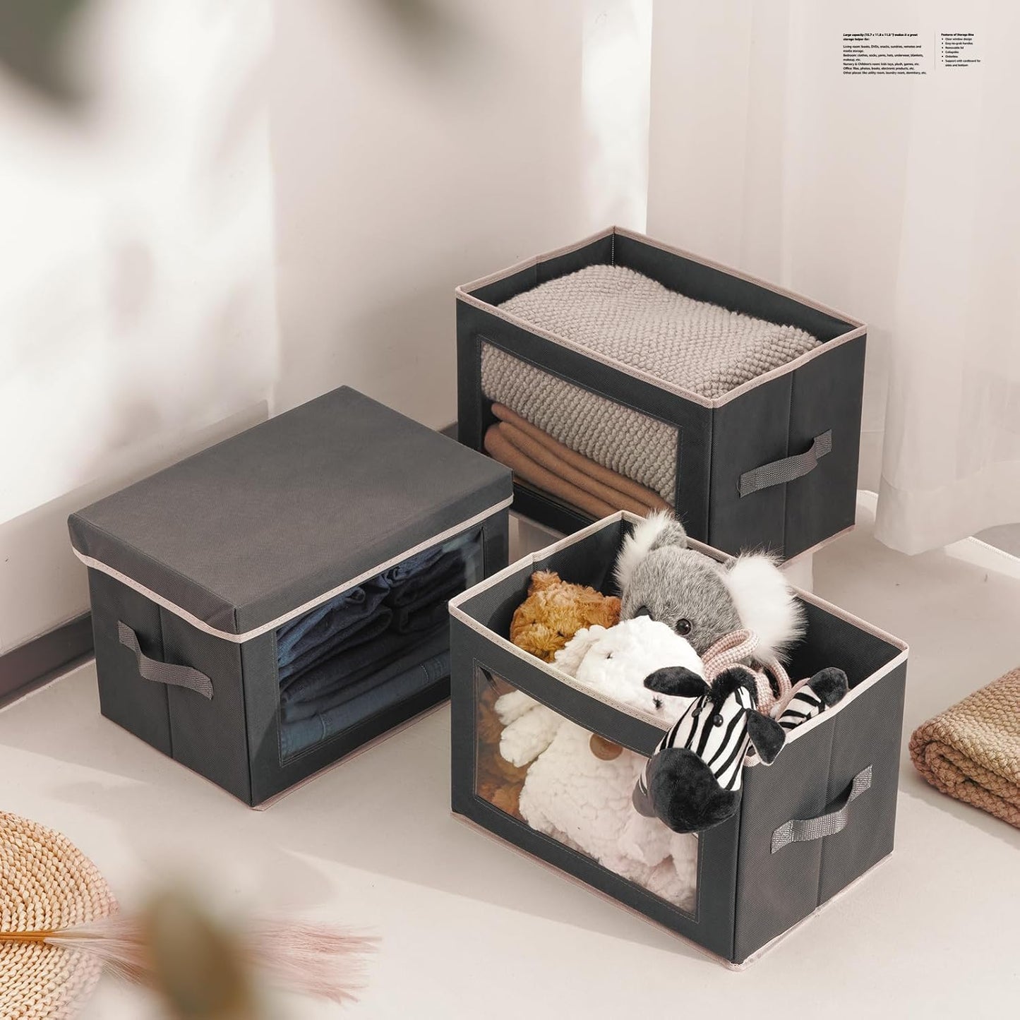 Storage Bins with Lids - Fabric Storage Boxes with Lids, Collapsible Storage Bins with Window, Decorative Closet Organizers and Storage for Clothes, Towels, Books, 3 Pack, Dark Grey