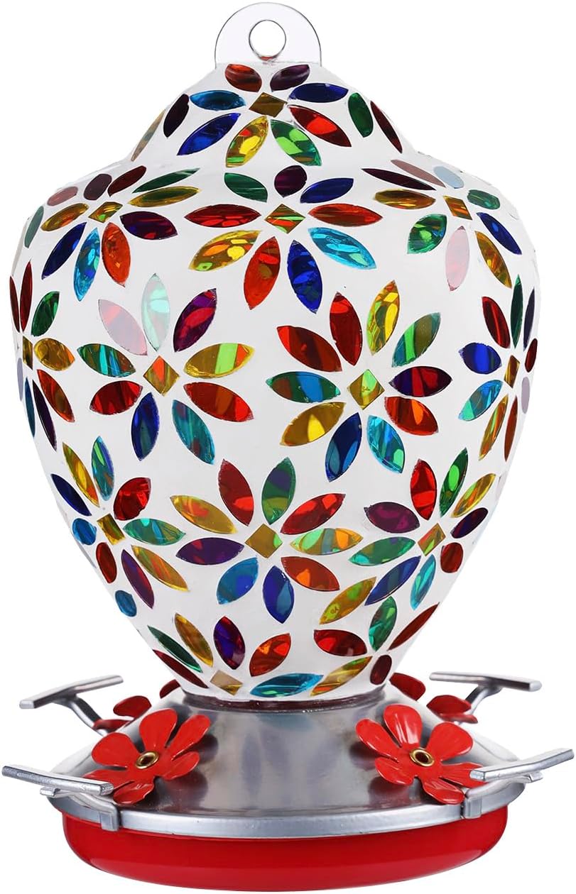 VOREEN Glass Mosaic Hummingbird Feeders, 35OZ with Ant Moat & 4 Feeding Ports, Hand Blown Glass Outdoor Hanging Porch Garden Backyard Decor, Mom Wife Friend'Gift, Flowers Design