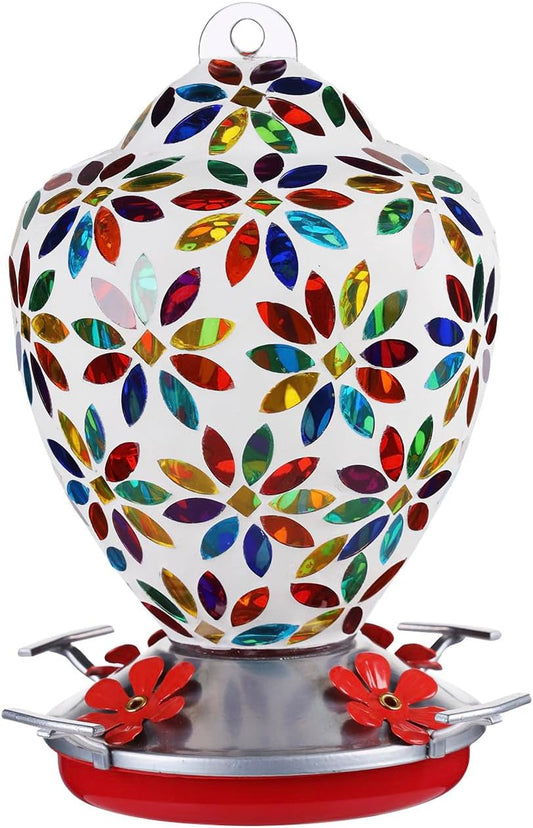 VOREEN Glass Mosaic Hummingbird Feeders, 35OZ with Ant Moat & 4 Feeding Ports, Hand Blown Glass Outdoor Hanging Porch Garden Backyard Decor, Mom Wife Friend'Gift, Flowers Design