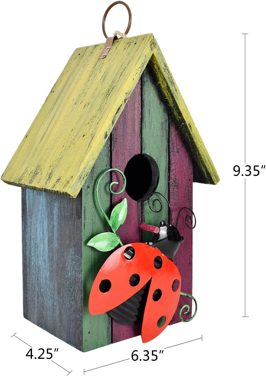 Wooden Decorative Birdhouse Hanging Bird House Hand Painted Birds Box Outdoor Garden Decor Bird Feeder for Finch Hummingbird Cardinals Bluebirds Sparrows Chickadees (Ladybug)