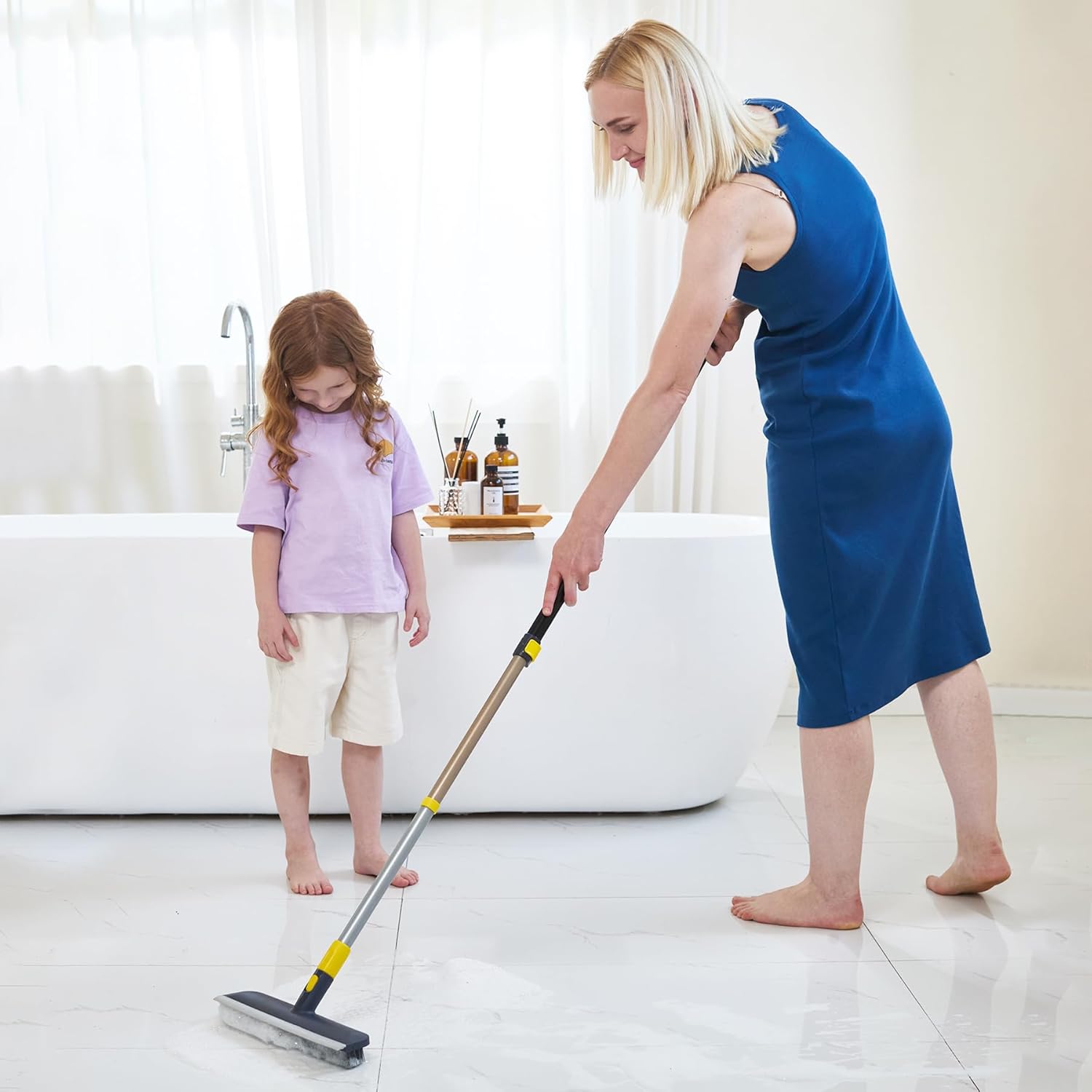 Yocada Floor Scrub Brush Telescopic Handle 2 in 1 Scrape Brush Stiff B