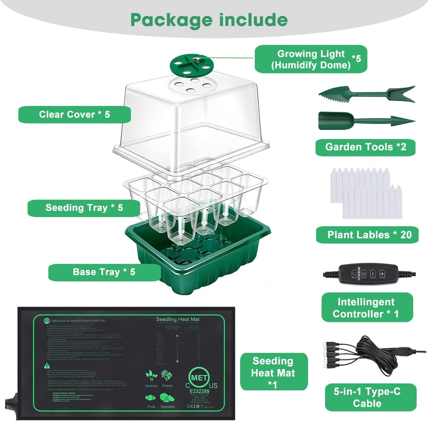 FINEST+ Seed Starter Tray with Heat Mat and Grow Light,5 Pack Seedling