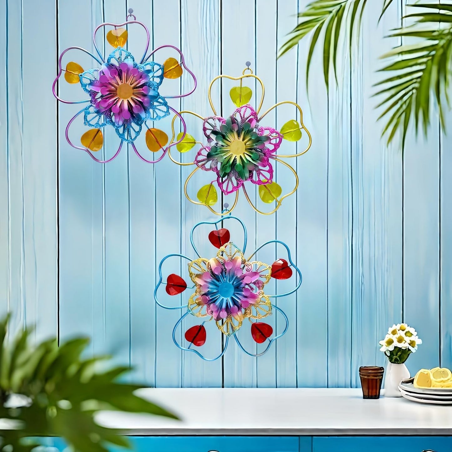 3PCS Metal Flower Wall Decor, 5.5" Colorful Metal Floral Wall Art Deco