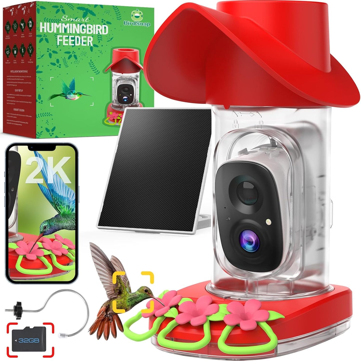 birdsnap® Hummingbird Feeder with Camera Solar Powered, 2K Live Stream AI Bird Identification with 32GB Card Ant Moat Weatherproof WiFi Smart Bird Feeder Camera for Outdoor Birds Watching Gifts