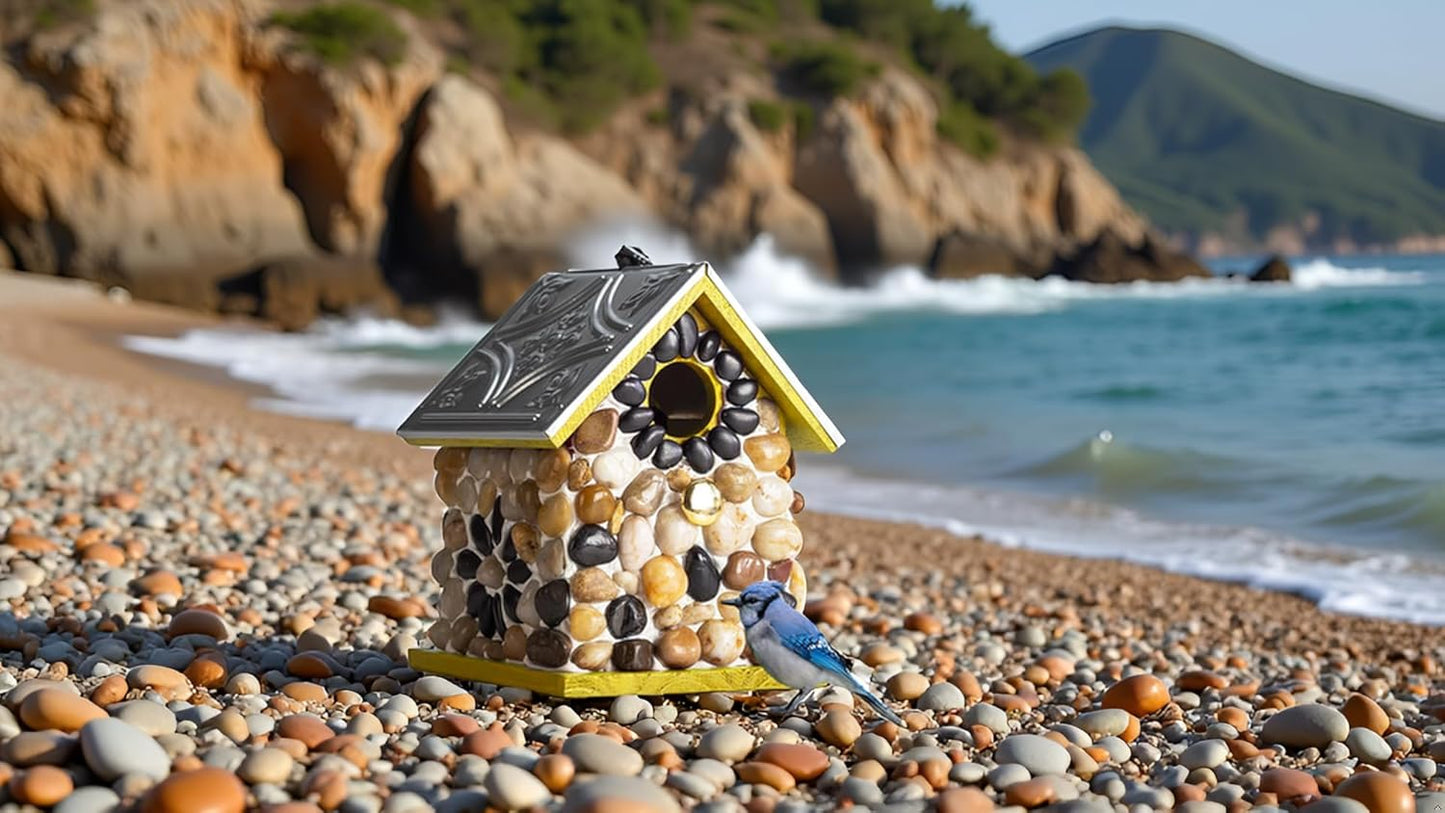 Premium River Pebble Bluebird House – Cedar Wood Outdoor Birdhouse with Embedded Metal Roof, Weather-Resistant Garden Nest Box for Wild Birds, Hanging & Pole Mountable (Yellow)