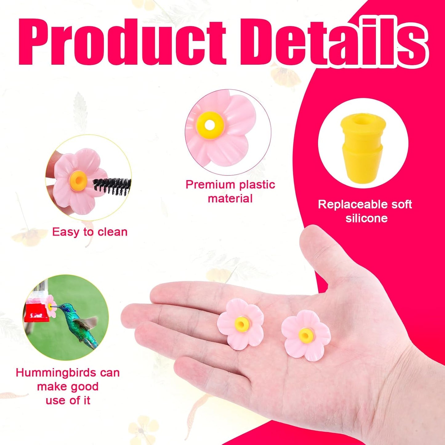 20pcs Hummingbird Feeder Replacement Flowers, Pink Bird Plastic Outdoors Hanging Hummingbird Feeder Parts Accessories with Cleaning Brushes Bee Guards & Feeding Ports (Yellow Core)