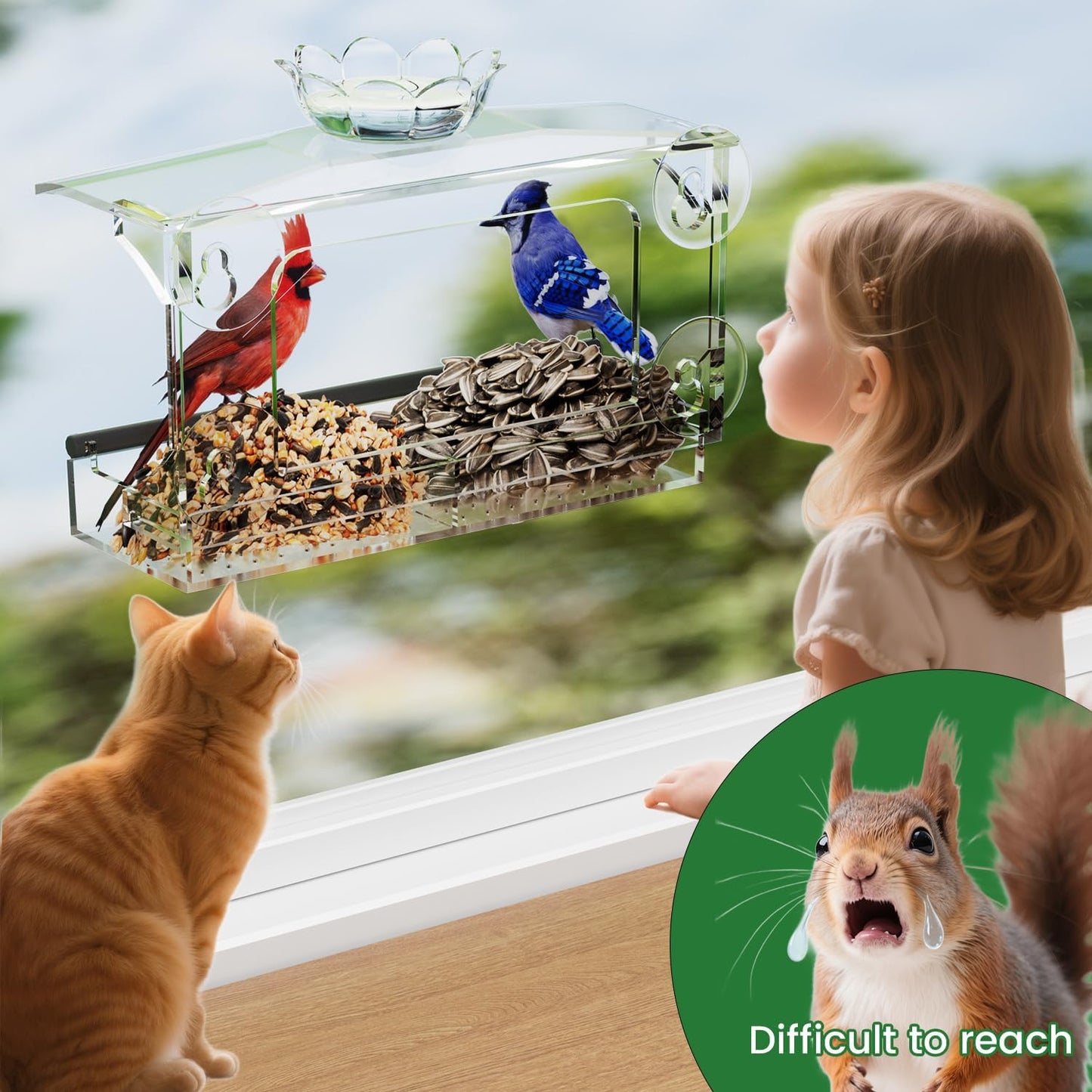 Window Bird Feeder for Outdoors-Clear Acrylic Window Bird Feeders with Strong Suction Cups and Removable Seed Tray,Transparent Birdhouse for Viewing Wild Birds, Ideal Outside Gardening Gifts