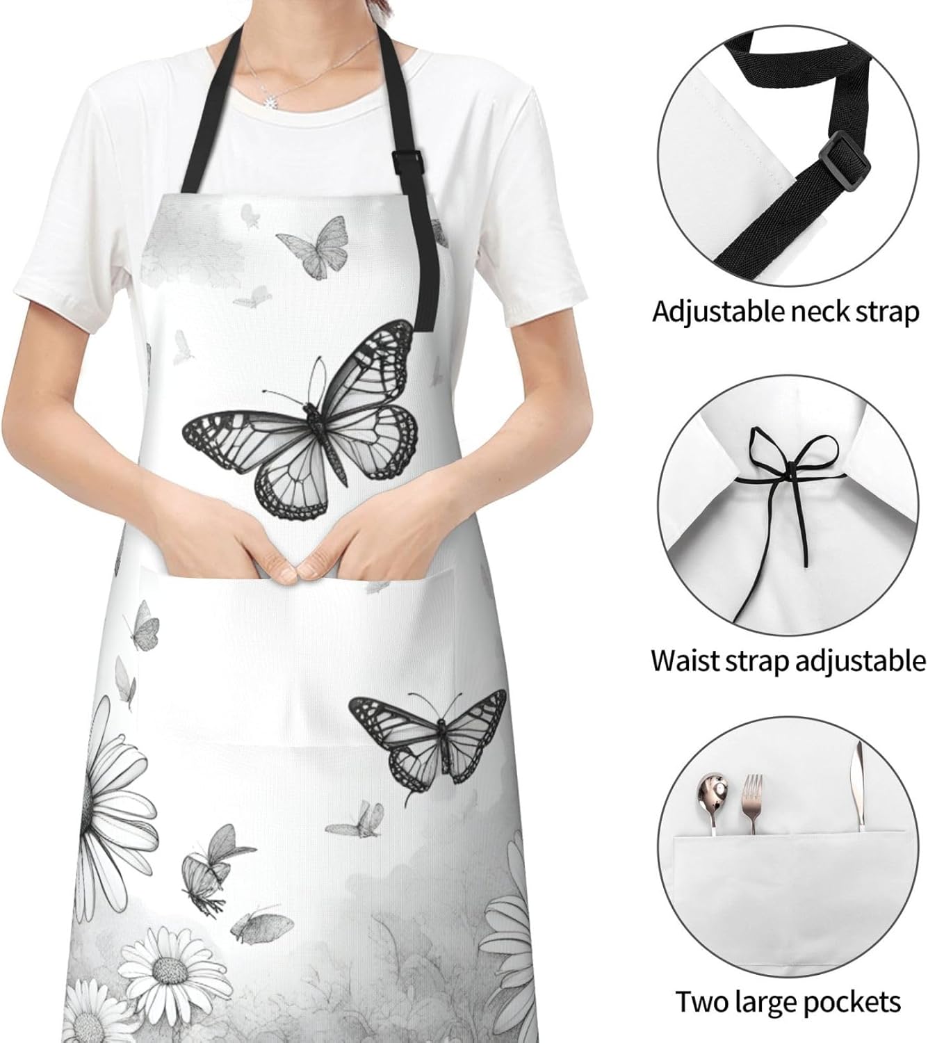 YANYU Butterfly Daisy Print 28x33 In Kitchen Apron Stylish Chef Apron with Pockets for Cooking Baking Painting