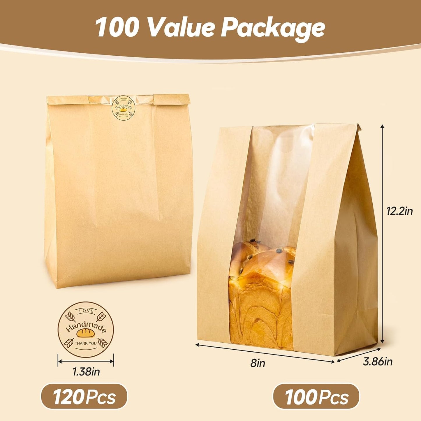 Tripho 100 Pcs Bread Bags for Homemade Bread with Clear Window & 120 Stickers, Sourdough Bread Bags for Storage of Bread,Cookies & Snacks, Large Bakery Paper Bags