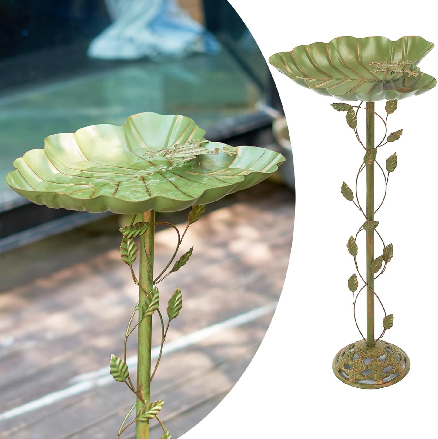 15" L*30.5" H Cast Iron Pedestal Bird Bath, Metal Bird Baths for Outdoors, Green Birdbath, Free Standing Bird Feeder Seed Tray Garden Yard Decor