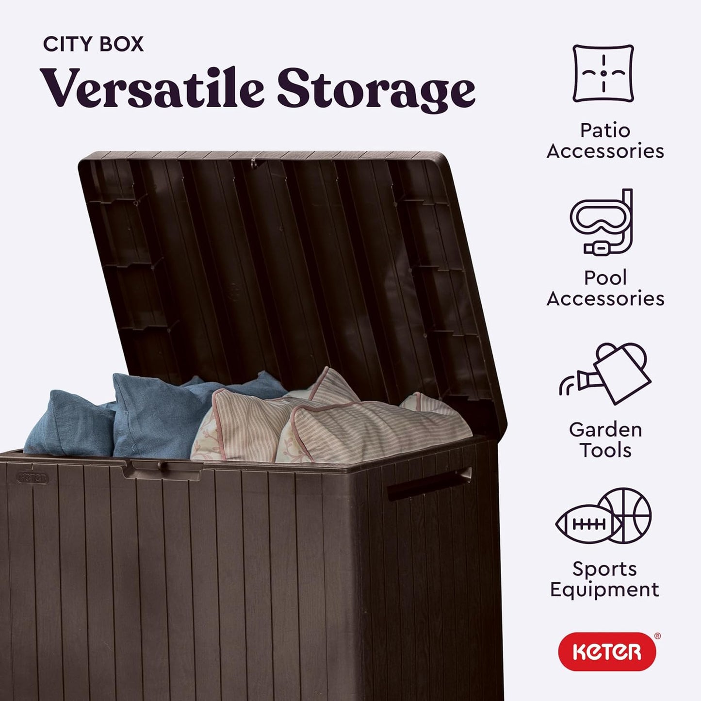 Keter City 30 Gallon Resin Outdoor Storage Box and Patio Furniture Sid