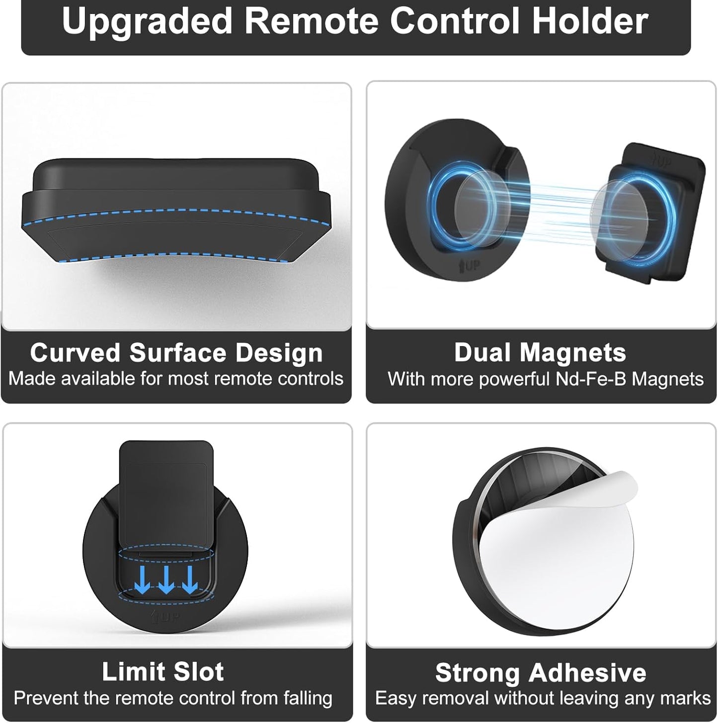 Magnetic Remote Control Holder Wall Mount, 4 Pack TV Remote Control Holder for Fan/Air Conditioner, Self-Adhesive Bedside Caddy for TV Backside/Bedroom/Office/RV Home Organizer Storage(Black)
