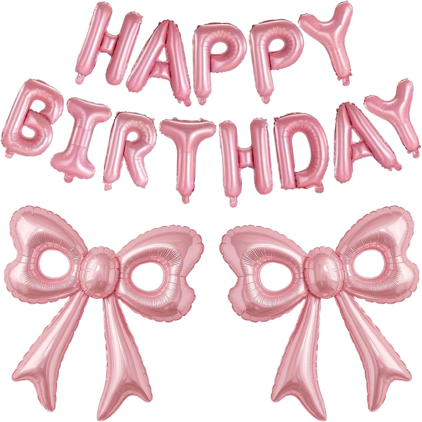 Pink Happy Birthday Balloons, 31”Huge Pink Bow Aluminum Foil Balloons for Girl Woman Birthday, Princess, Coquette Party Decorations Supplies