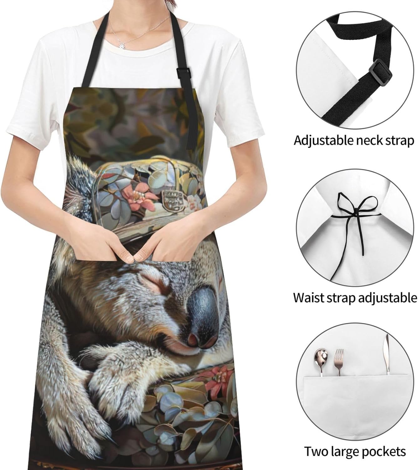 sleeping koala cap Print Laundry apron 28x33 In Waterproof Kitchen Apron with Pockets for Cooking Baking