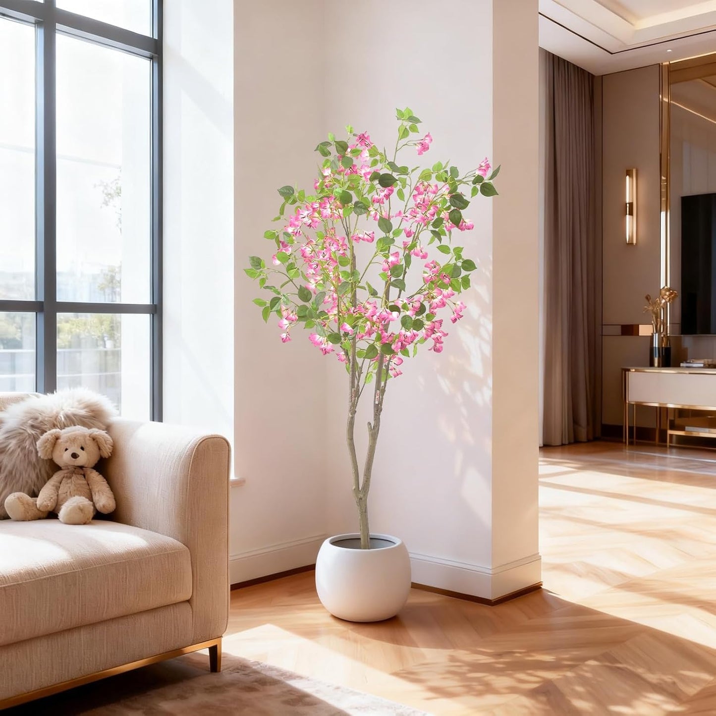 5Ft Artificial Trees Tall Fake Plant in White Planter Pot Faux Bougainvillea Faux Tree for Living Room Indoor Home Decor Front Porch Office Decor