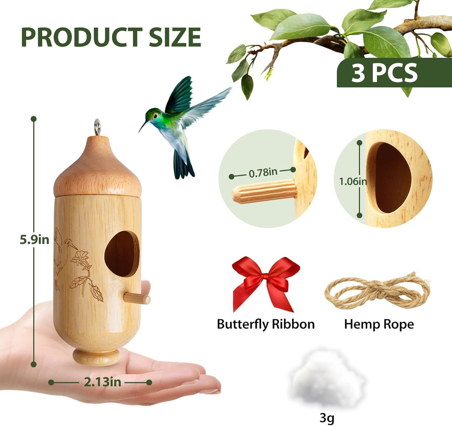 Hummingbird House, Wooden Hummingbird Houses for Outside Hanging, Nest Swinging, Wooden Bird Houses with Cotton, Bow, String, Gardening Gifts Decoration (1 Pack)