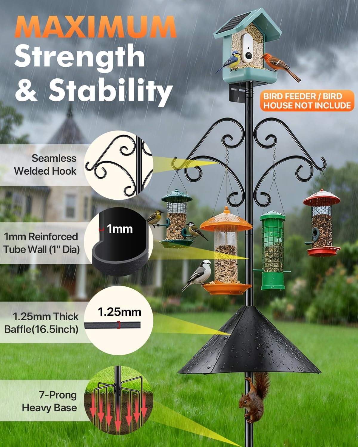92 Inch Squirrel Proof Bird Feeder Pole with Baffle, Heavy Duty Bird H
